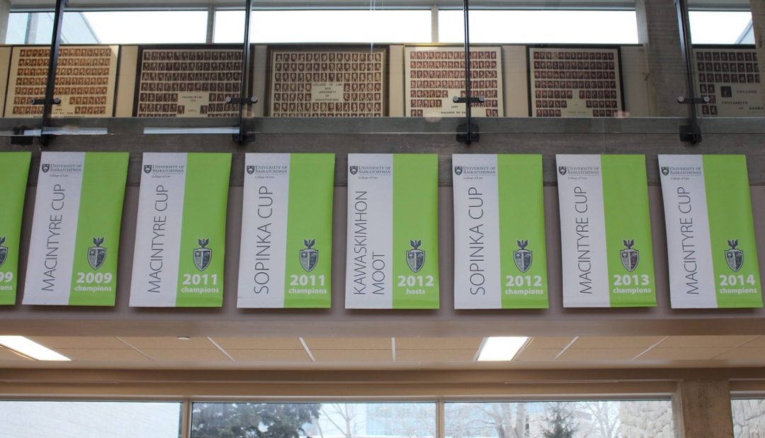 Moot banners hang proudly in the College of Law.